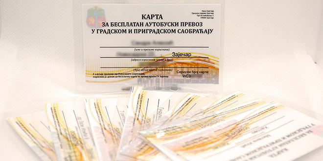 Карте за бесплатан аутобуски превоз у градском и приградском саобраћају у Зајечару
