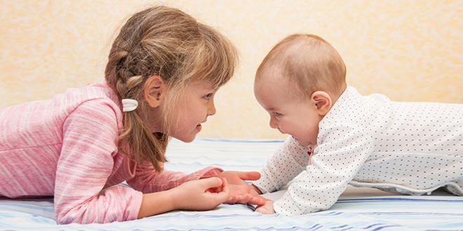 Старија сестра и њен млађи брат леже и забављају се