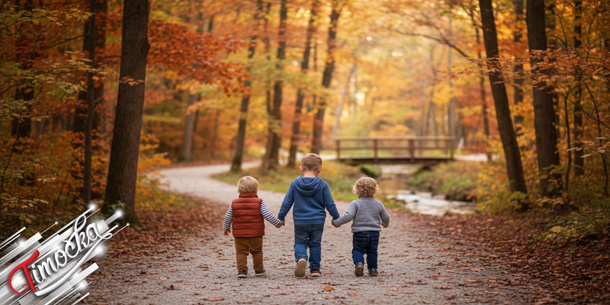 Дечаци шетају у парку, јесен