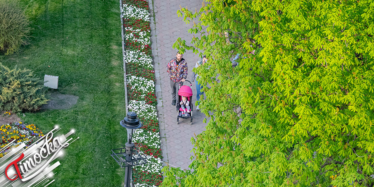 Млади брачни пар шета бебу у парку