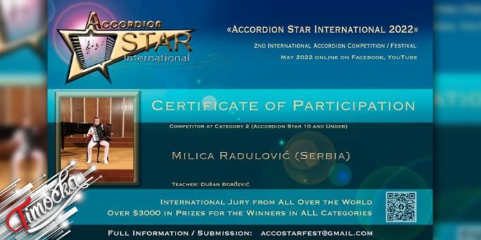 Ученица зајечарске Музичке школе Милица Радуловић трећа на такмичењу „Accordion Star International Competition” у Америци Ученица зајечарске Музичке школе Милица Радуловић трећа на такмичењу „Accordion Star International Competition” у Америци