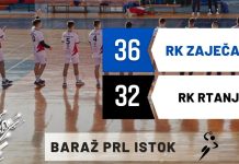 У првој утакмици баража, зајечарски рукометаши победили „Ртањ” Утакмица РК „Зајечар 1949” : РК „Ртањ” (Прва лига Исток)