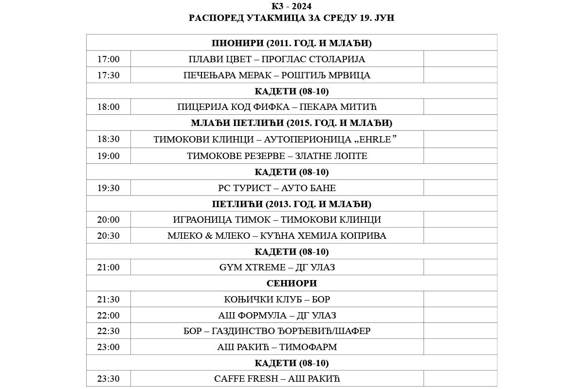 К3 - 2024 - Распоред утакмица за среду 19. јун