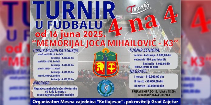 Почиње турнир „К3 Меморијал Јоца Михаиловић – 2025” у Зајечару