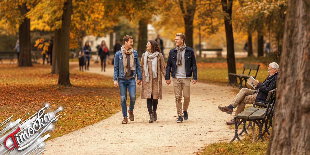 Људи шетају у парку, јесен Људи шетају у парку, јесен